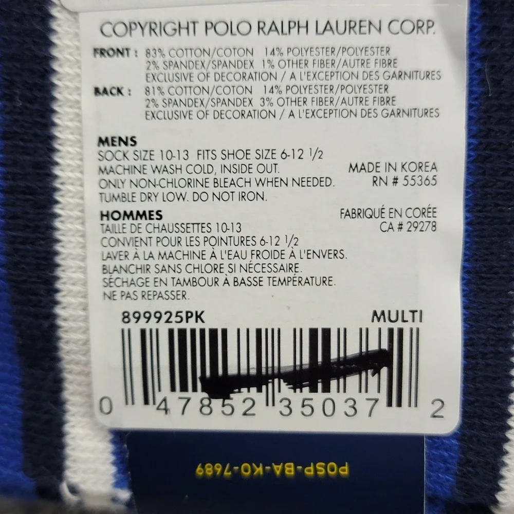 Polo Ralph Lauren Socks Mens 10-13 Multicolor Stripe Pony Crew 2 Pairs Mid Calf